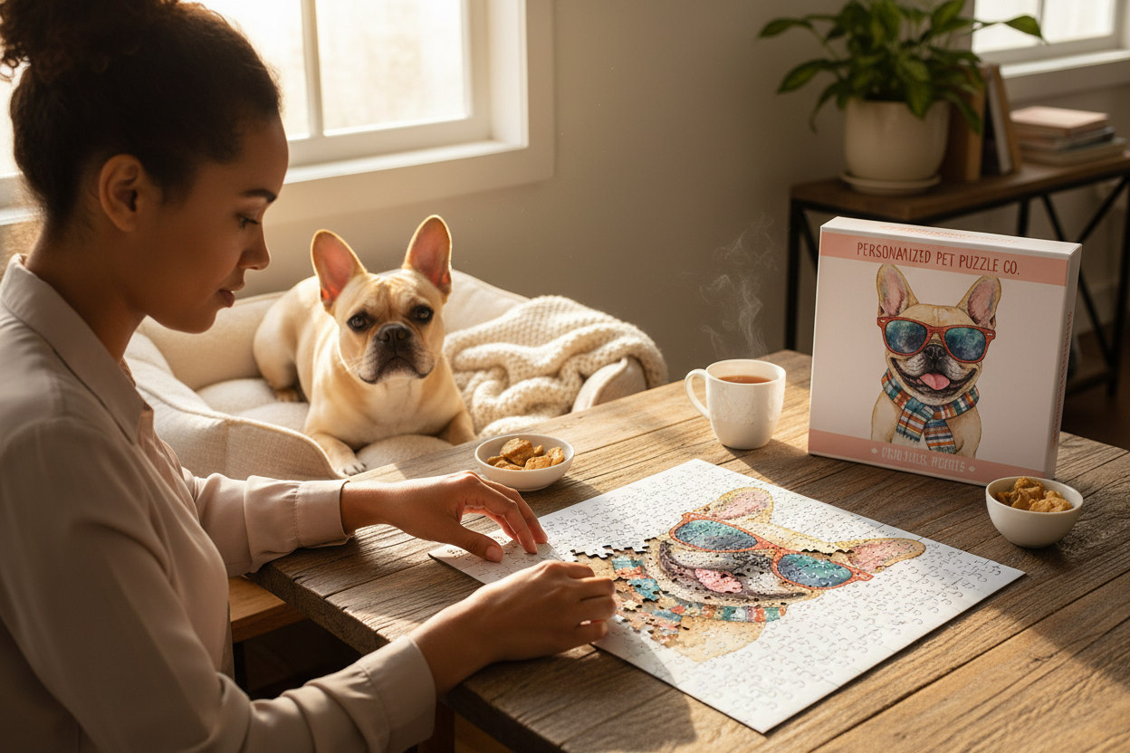 Person assembling French Bulldog puzzle